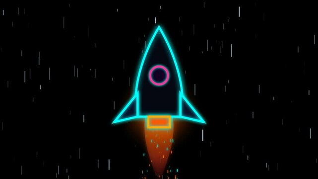 Neon rocket ship flying through deep outer space with glowing light trails and stars 4k Motion Video