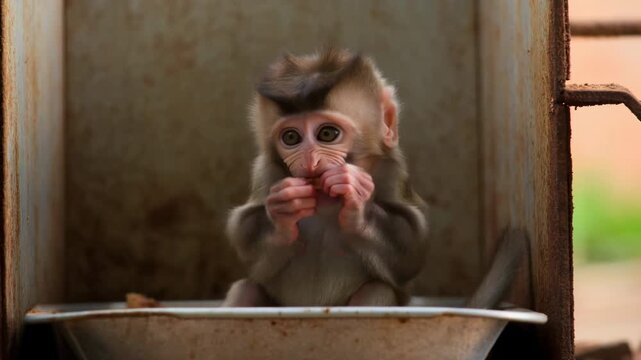 Young monkey picks up a small piece of food from a metal feeding tray and brings it to its mouth while seated inside a worn enclosure framed by rusty bars and warm daylight