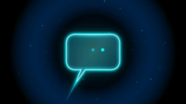 Glowing neon speech bubble icon with three dots indicating typing on a dark blue background representing digital communication and messaging interface for modern web design 4k Motion Video