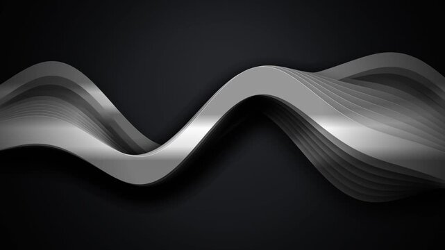 Metallic silver wave background, abstract 3D chrome ribbon flowing on black, sleek industrial motion graphic for corporate technology presentations