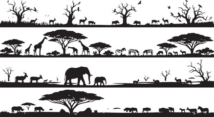 Obraz premium Four horizontal safari landscape banners with black silhouettes of elephants, giraffes, zebras, and trees on white background
