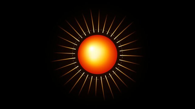Bright glowing sun icon with radiating light beams and orange center on a solid black background 4k Motion Video
