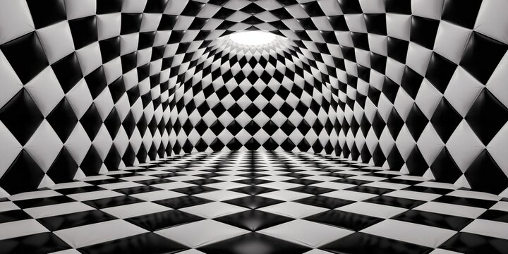 Abstract 3d tunnel interior covered with padded black and white checkered diamond pattern leading to round opening at the top optical illusion surreal architecture concept
