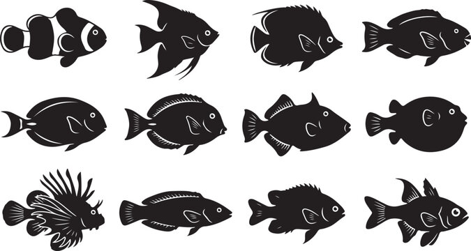 Twelve black fish silhouettes including clownfish, angelfish, and lionfish isolated on a white background, for aquatic