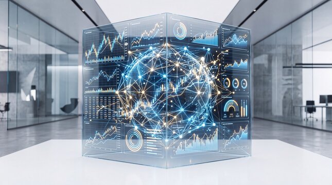 Digital holographic cube displaying financial data in modern office