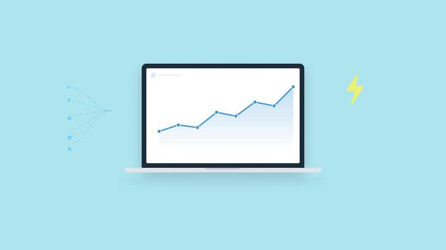 Minimalist laptop illustration with upward trending line chart representing digital income tracker concept for business dashboard design, budget planning, and wealth management marketing.
