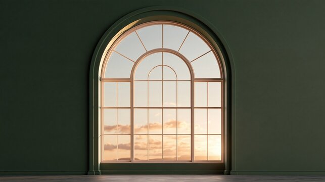 Empty minimalist interior room with deep dark green wall and large arched golden framed grid window looking out to warm sunset sky modern elegant home decor concept