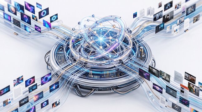 Futuristic digital media hub distributing content streams