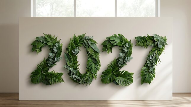Creative new year 2027 celebration display featuring numbers made from lush green leaves on a white wall