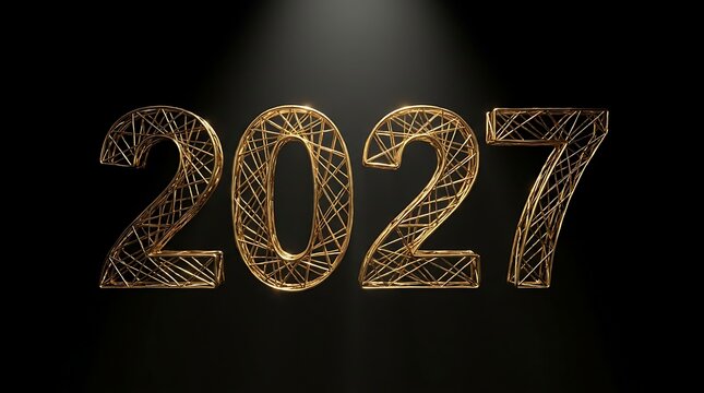 Elegant golden glittering numbers displaying the year two thousand twenty seven against a dark black background backdrop