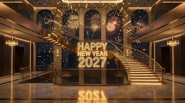 A luxurious hotel lobby decorated with golden lights and fireworks for a grand new year celebration event