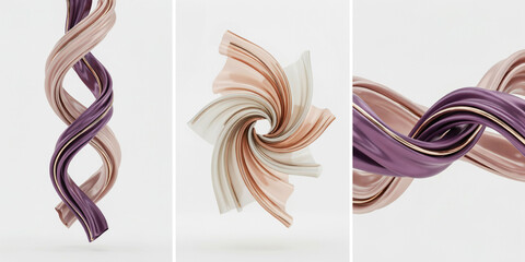Fototapeta premium Three abstract compositions of twisted ribbons in purple and metallic gold colors