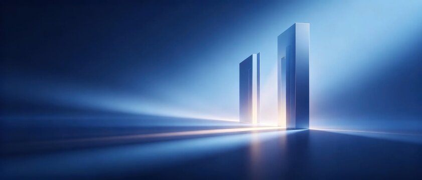 Abstract 3d modern technology background with two open blue rectangular doors where warm bright glowing light shines out on deep blue empty space future new opportunity and success concept