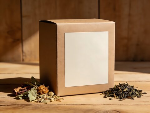 Craft paper box with a blank white label on a wooden table with tea leaves and dried herbs