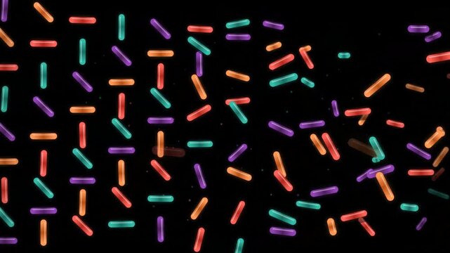 Colorful neon glowing sprinkles scattered on a dark black background 4k Motion Video