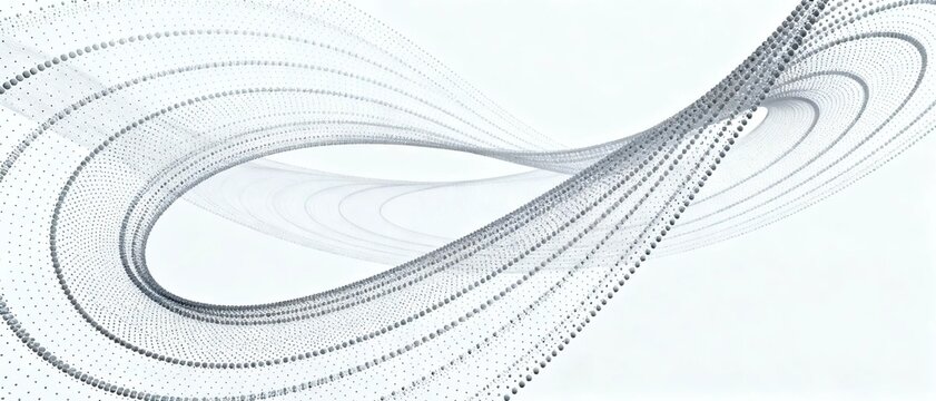 Abstract futuristic data technology visualization of flowing connected gray dots twisted into infinite loop shape on plain white background big data network concept