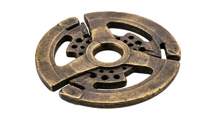 Obraz premium Antique bronze triple spoke flywheel with circular perforations and textured weathered surface for mechanical assemblies.