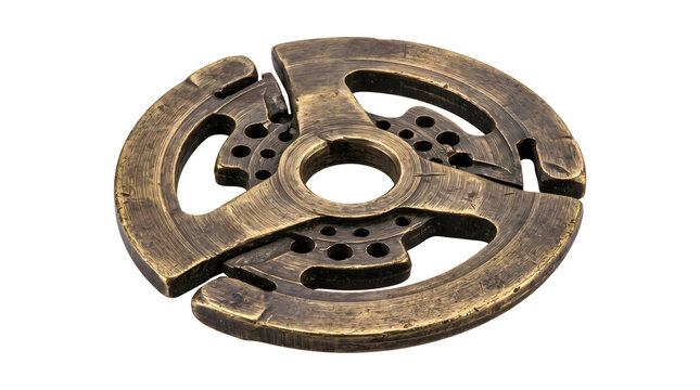 Antique bronze triple spoke flywheel with circular perforations and textured weathered surface for mechanical assemblies.
