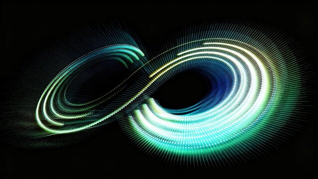 Abstract glowing futuristic infinite symbol made of colorful green blue dotted lines on pure black background digital technology endless movement connectivity concept