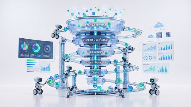 Small robots managing digital marketing sales funnel with analytics