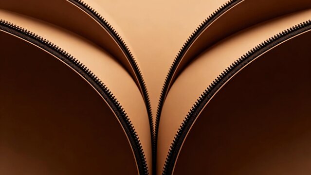 Abstract close up symmetric pattern of curved tan leather with black zippers symmetrical minimalist modern textile texture fashion accessories design concept