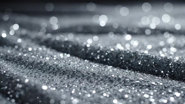 Silver glitter fabric with sparkling sequins waving in close-up. Luxurious shiny textile texture background with bokeh light.