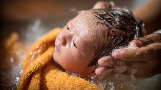 A newborn baby being gently bathed in warm water, with a soft sponge and gentle hands.