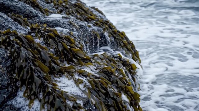 Ocean waves washing over coastal rocks covered with seaweed. Foamy sea water flowing on rocky shore with algae. Marine coastal nature and tide movement concept.