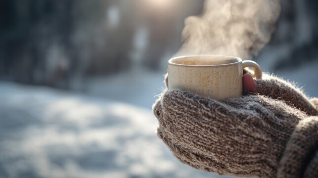 A person holding a steaming mug of hot coffee on a cold winter morning.
