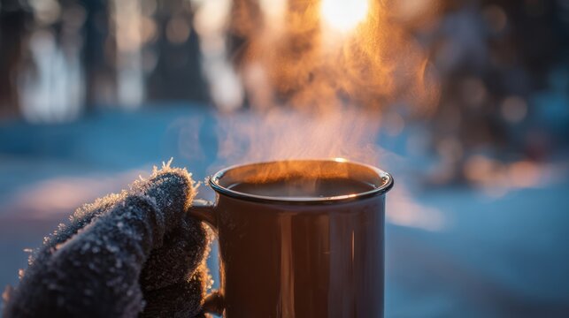A person holding a steaming mug of hot coffee on a cold winter morning.