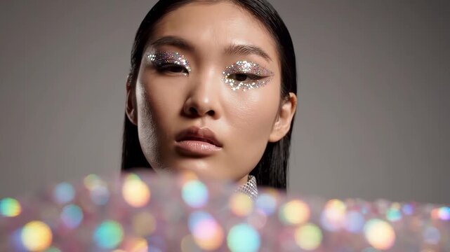 Asian woman with sparkly glitter eye makeup posing behind iridescent sequin fabric. Beauty portrait of girl model with shiny eyelids.