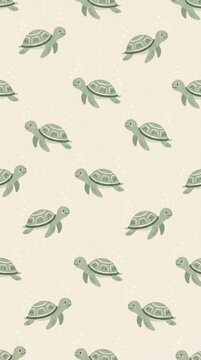 Cute Green Turtles Swimming on Light Background Surface Design