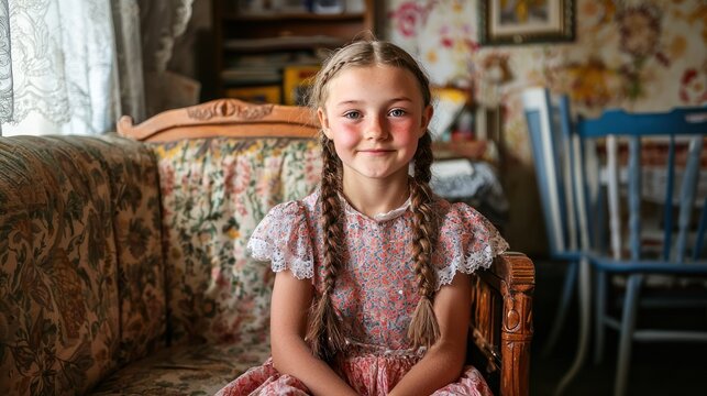 A portrait of a Russian orphan girl with braids, sitting in a room decorated with Soviet-era furniture.
