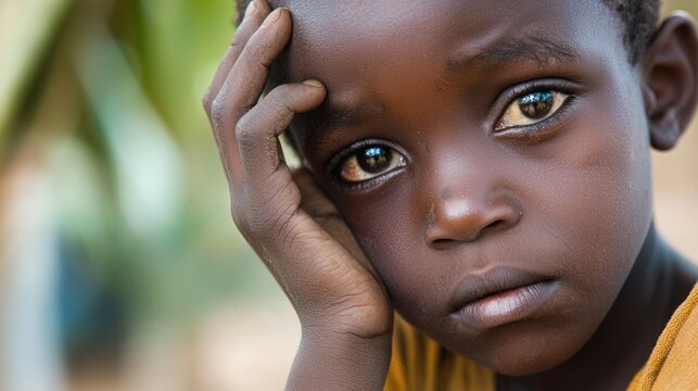 A portrait of a sad orphan boy, with a hand over his face, deep in thought.