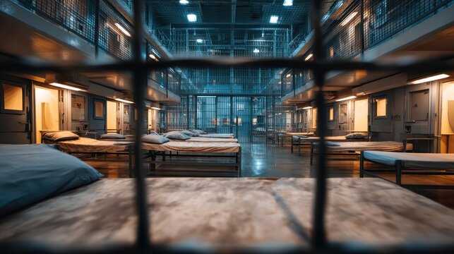 A prison dormitory with rows of beds, prison cells in the background, and security bars visible in the windows.