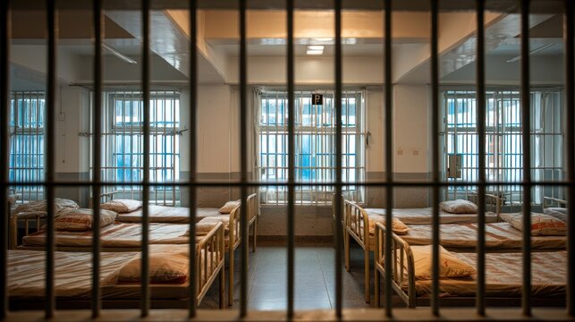 A prison dormitory with rows of beds, prison cells in the background, and security bars visible in the windows.