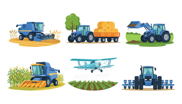 Agricultural machinery vehicle set with tractors combine harvesters crop duster plane and farm equipment flat vector illustration