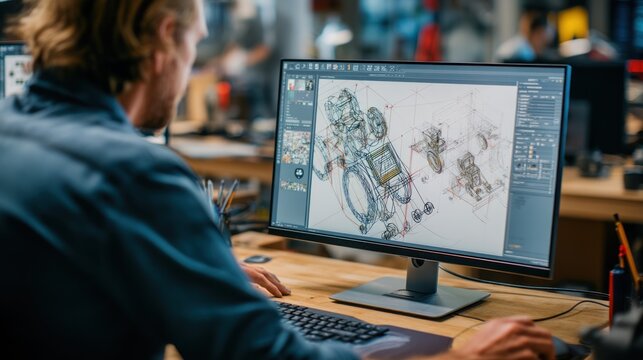 A product designer collaborating with an engineering team, looking at CAD models on a computer screen.