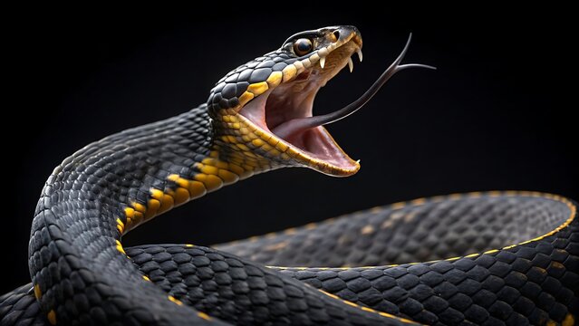 Macro studio portrait of a venomous snake with open mouth and flickering tongue