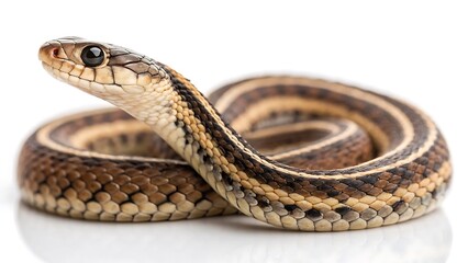 Obraz premium Garter snake coiled on a clean white background with studio lighting