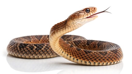 Obraz premium Brown snake with patterned scales flicking its tongue isolated on white background