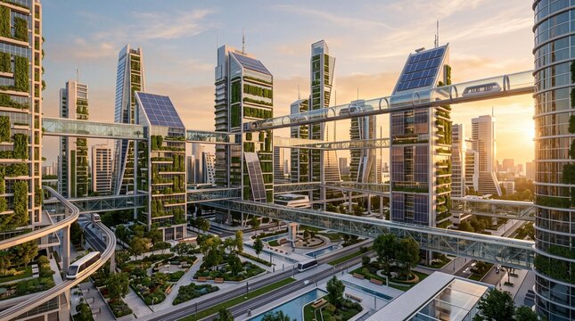 Futuristic sustainable city with green skyscrapers and solar panels