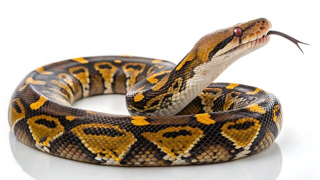 Reticulated python snake with tongue flicking isolated on white background
