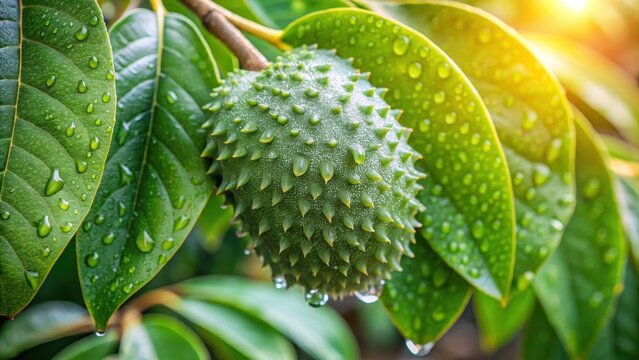 Gentle morning dew glistens on soursop leaves with intricate veins and delicate edges