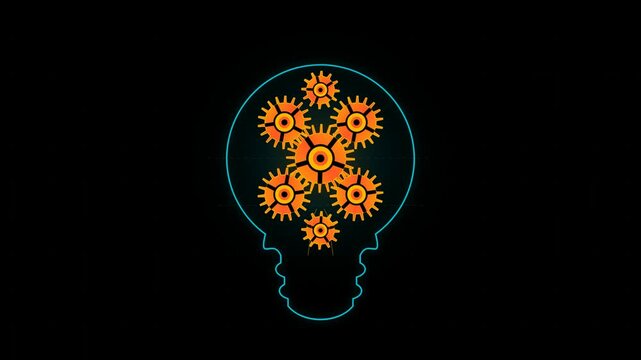 Glowing light bulb shape with orange mechanical gears inside on a dark black background representing innovation and creative thinking process in business and technology 4k Motion Video