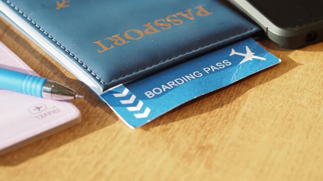 Close-up of a passport and boarding pass on a wooden table with a smartphone and a pen, ready for travel
