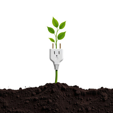 A white electrical plug with green leaves sprouting from it grows out of soil, symbolizing eco-friendly energy and sustainable technology.