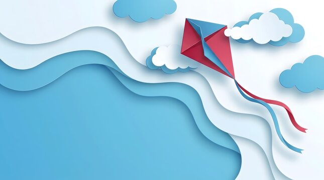 Paper craft illustration of a colorful kite flying in a cloudy blue sky.