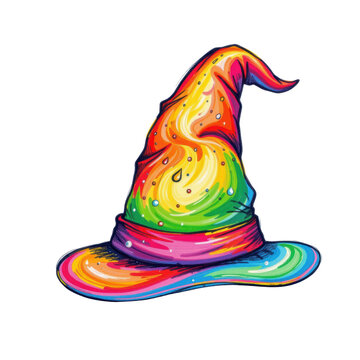 A vibrant, multicolored wizard hat with swirling patterns and sparkling dots, featuring a wide brim and a pointed, curved tip.