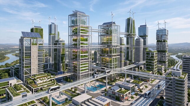 Futuristic sustainable city with vertical farms and green energy
